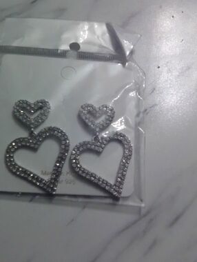 Silver Crystal Double Heart Drop Earrings - Women Jewelry